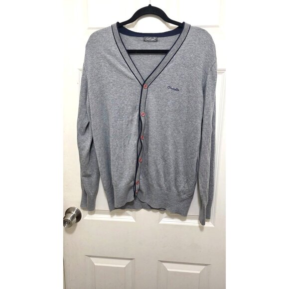 Crocodile Men's Gray V-Neck Cardigan Sweater Navy Trim & Button Front Size M - Picture 2 of 8